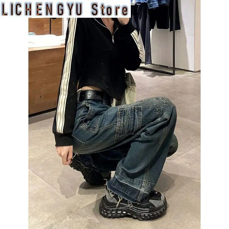 2023 Women Vintage Washed Jeans Streetwear Straight Wide Leg Pants Baggy Woman Denim Trousers Grunge Pants for Women Overalls