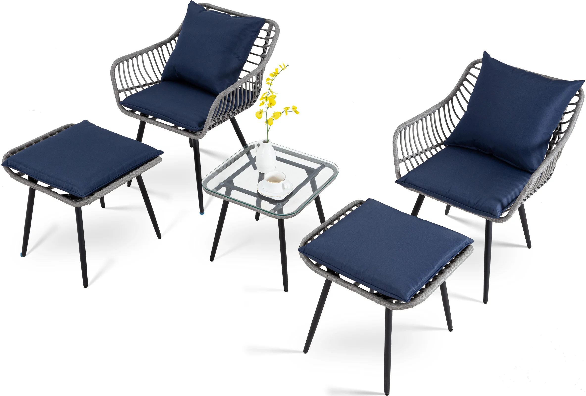5 Piece Patio Furniture Set, Outdoor Wicker Small Conversation Bistro Set, All-Weather PE Rattan Chairs with Ottoman & Coffee Ta - Image 3