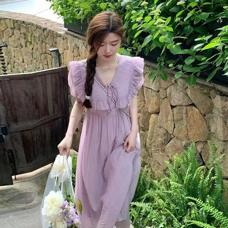 

Women Dress Summer Purple Casual Midi Dress A-Line High Waist Beach Holiday Dress Short Sleeve