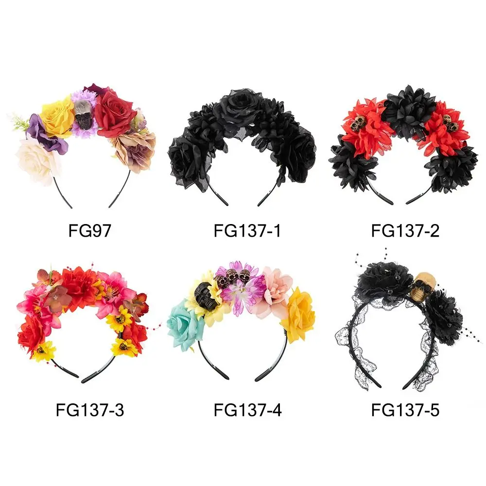1pc Rose Flower Headband Mexican Rose Flower Crown Headband Headpiece with Black Veil Halloween Party Costume Cosplay Headwear