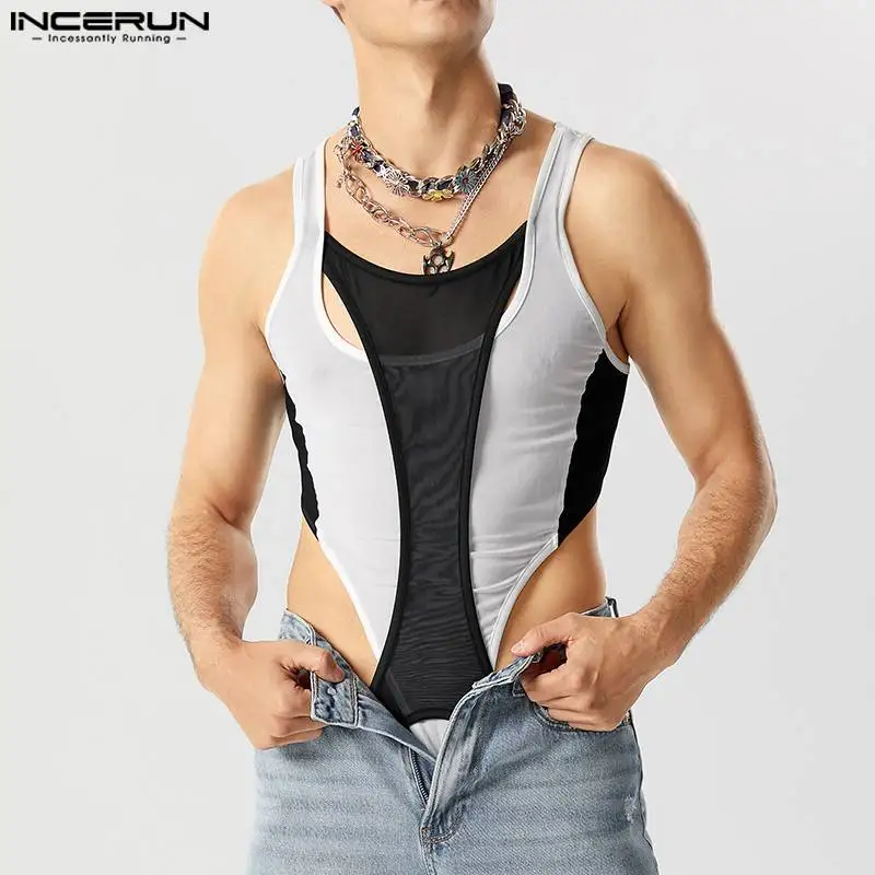 

INCERUN 2023 Sexy Style Mens Jumpsuits Deconstruction Design 2Color Stitching Mesh Rompers See-through Triangle Bodysuits S-5XL