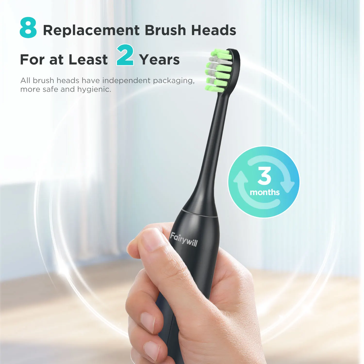 Fairywill Electric Sonic Toothbrush FW-Y05 USB Charge Rechargeable Adult Waterproof Electronic Tooth Brushes Replacement Heads 3