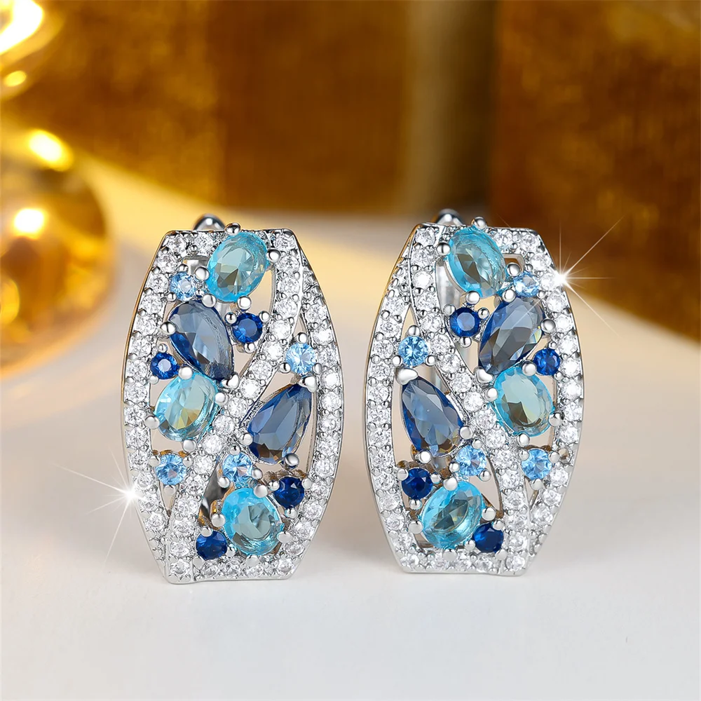 Aqua Blue Crystal Water Drop Stone Hoop Earrings For Women Vintage Silver Color Geometric Ear Buckle Wedding Jewelry Bridal Gift