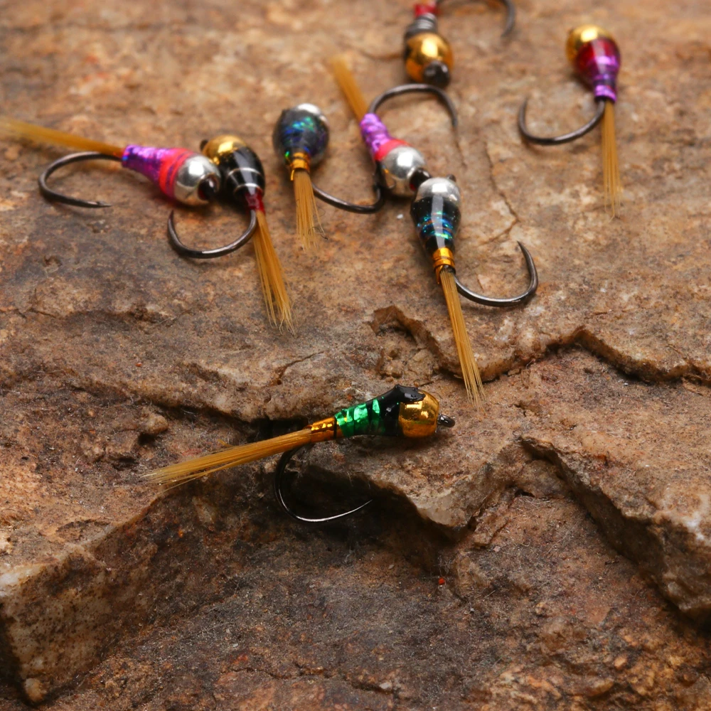 6 Stück Perdigon Nymphe oder Euro Nymphe für gewichtete Fliegenfischen Nymphe, schnell sinkende Forelle, Grayling Angelköder – Detail 9