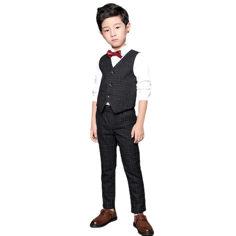 Boy Plaid Vest Suit Kids Waistcoat Wedding Clothes Sets Toddler Formal Dress Children Brooch Shirt Pant Baby Gentlemen Outfits