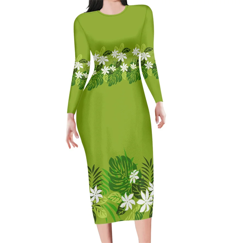AutumnWomenDressesElegantPartyGreenLongSleeveBodyconPolynesian