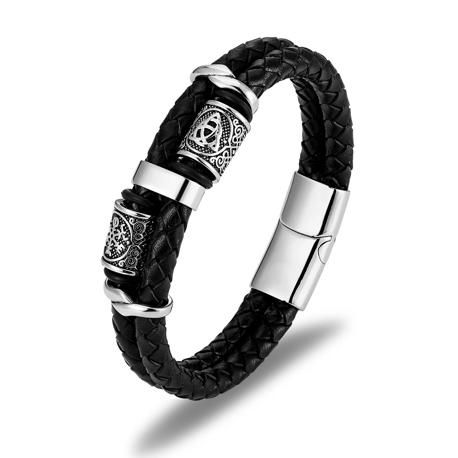 Multi layer Leather Woven Bracelet Viking Stainless Steel Men's Woven