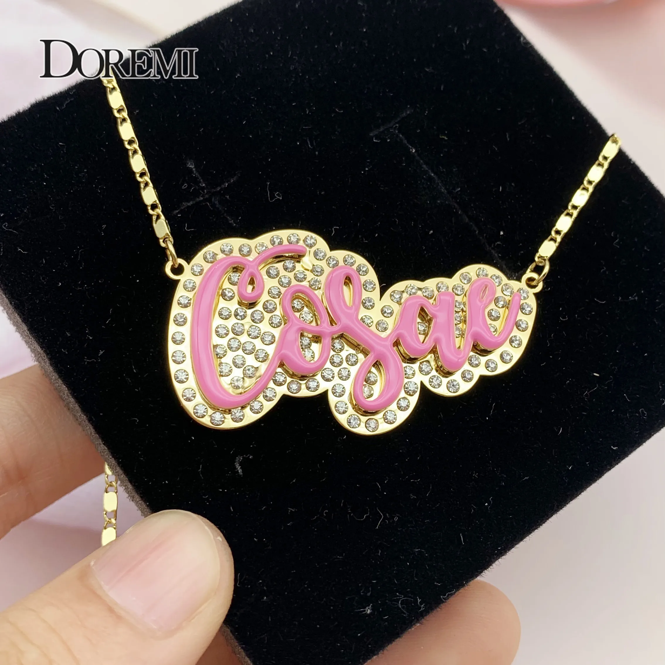 DOREMI Unique Enamel Custom Name Necklace Iced Out Chain for Women Personalized Letter Necklace Rhinestone Pendant Chain Gift