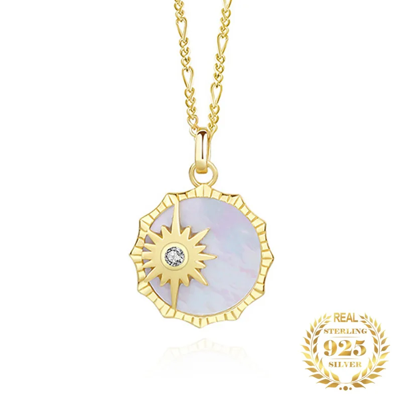 

100% Sterling Silver 925 Vintage Figaro Chain White Shell Zircon Sun Pendant Necklace for Women Luxury Summer Jewelry Set Party