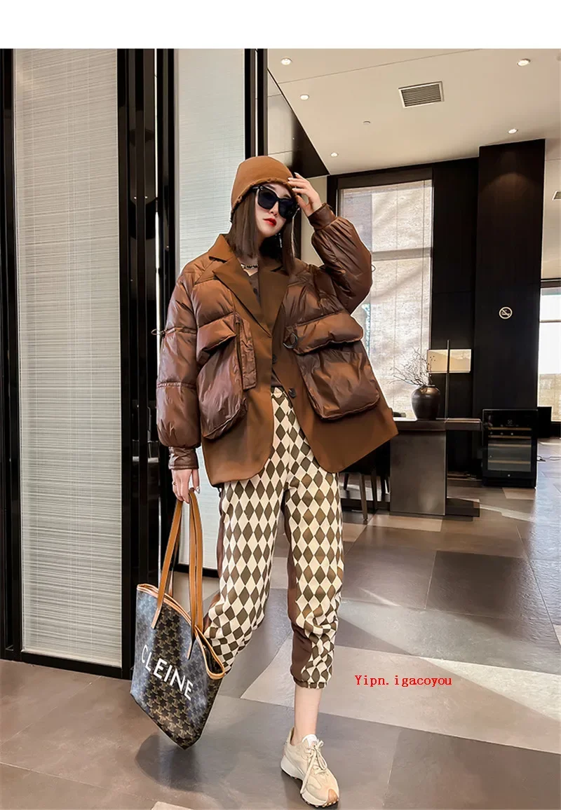 Winter Women Notched Collar Fake Two-piece Patchwork Down Cotton-padded Coat Casual Long Sleeve Female Short Lightweight Parkas