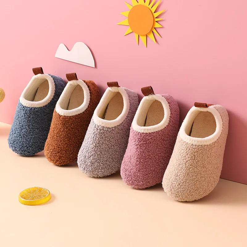 Children Cotton Slippers Solid Warm Kids Winter Home Shoes Boys Girls Plush Floor Shoes Indoor Soft Sole Anti-slip Cotton Shoes images - 6