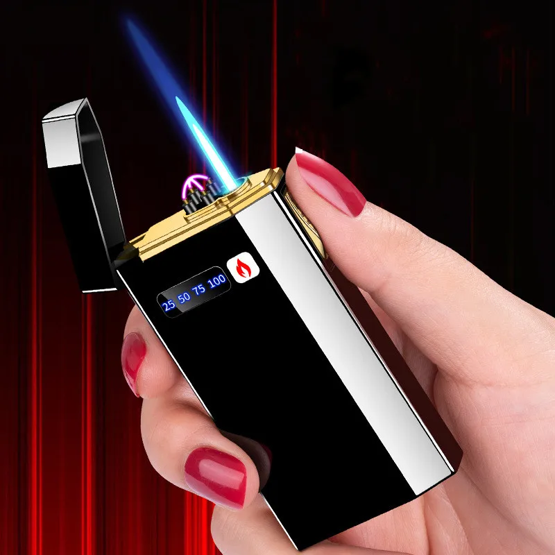 

Metal Outdoor Windproof Dual Arc Plasma USB Lighter Blue Flame Turbo Torch Butane Gas Cigar Lighter Battery Display Men's Gadget