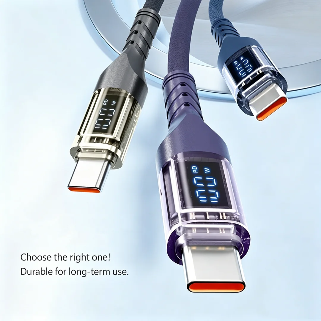100W 디지털 디스플레이 USB-C to USB-C 고속 충전 케이블 투명 쉘 데이터 코드 1M 1.5M 보라색 타입-C 노트북 스마트폰용