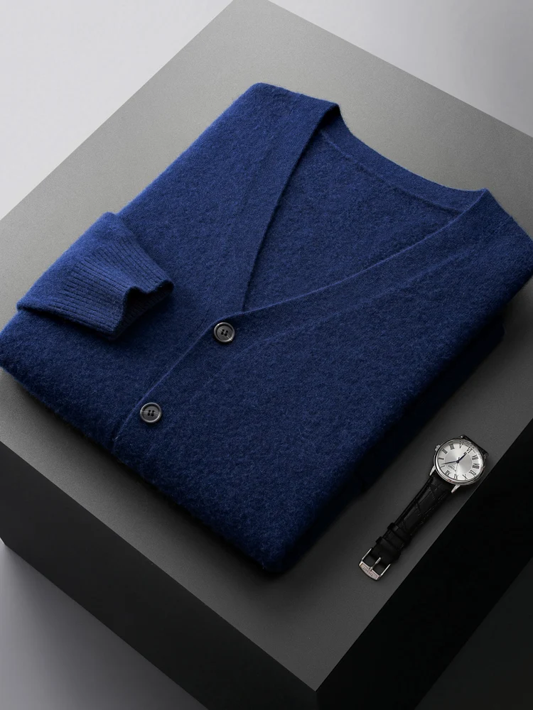 100% Cashmere  Cardigan Men's Sweater Autumn and Winter New Fashion Knitted Sweater Pure Color Long Sleeve High Quality Coat