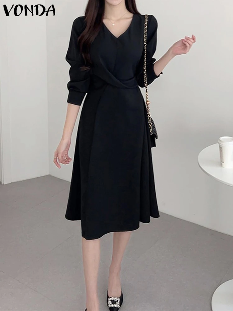 

VONDA Elegant V Neck Solid Color Dress Women Summer Midi Sundress 2023 Casual 3/4 Sleeve Beach Vestido Holiday Office Robe Femme