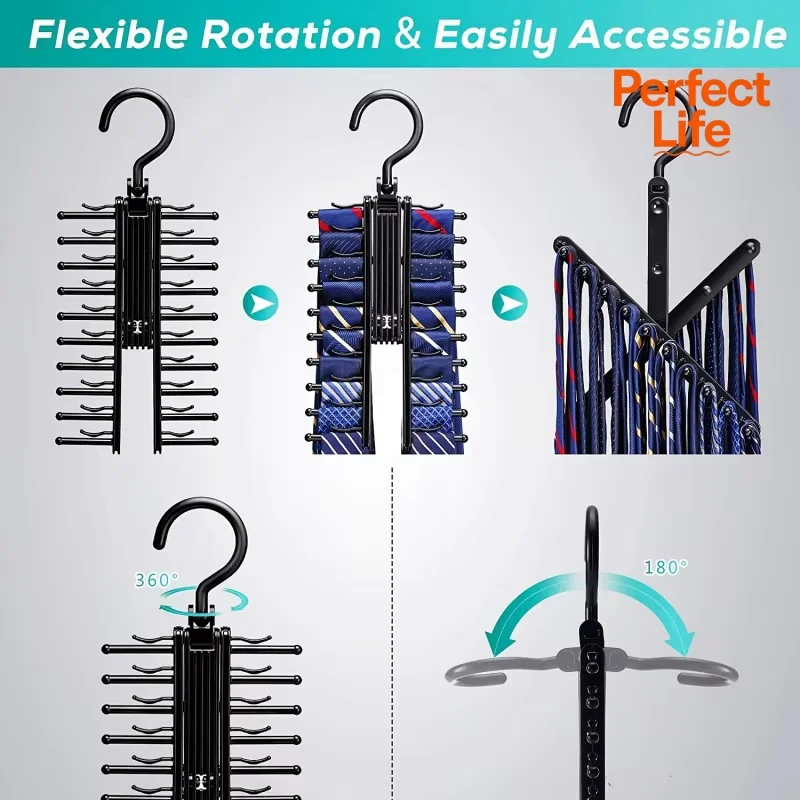 Tie and Belt Bracket Space Saving with Rotating Bracket and Non Slip Clip Adjustable Tie Storage Rack Rotating Household