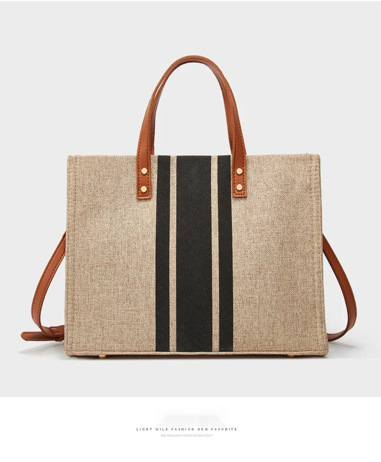 Porte-documents portable pour femmes, version coréenne, nouvelle version minimaliste rayée, toile de grande capacité, épaule simple diagonale, 2024_voghion.com