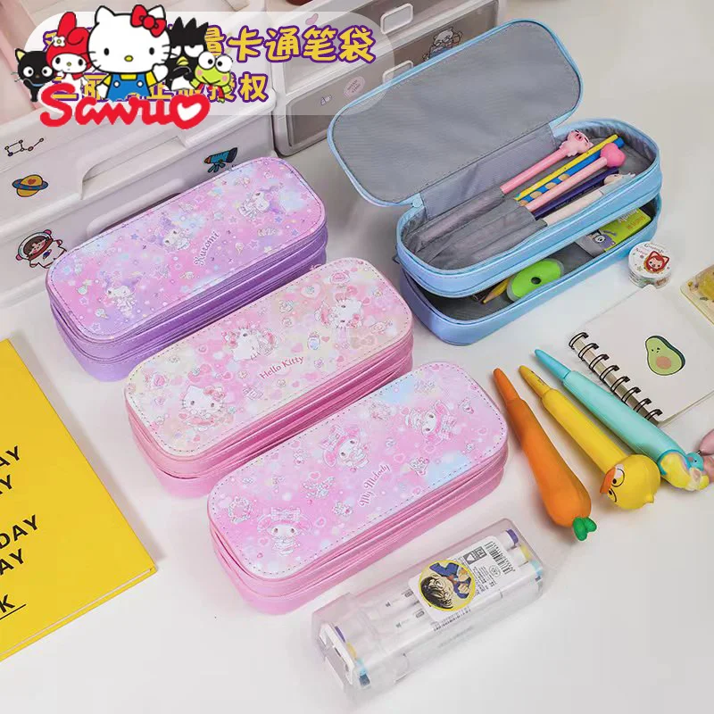 

Sanrio Melody Kuromi Hello Kitty Cinnamoroll Pochacco Cartoon Double Layer PU Leather Stationery Box Pen Bag Cartoon Pencil Case