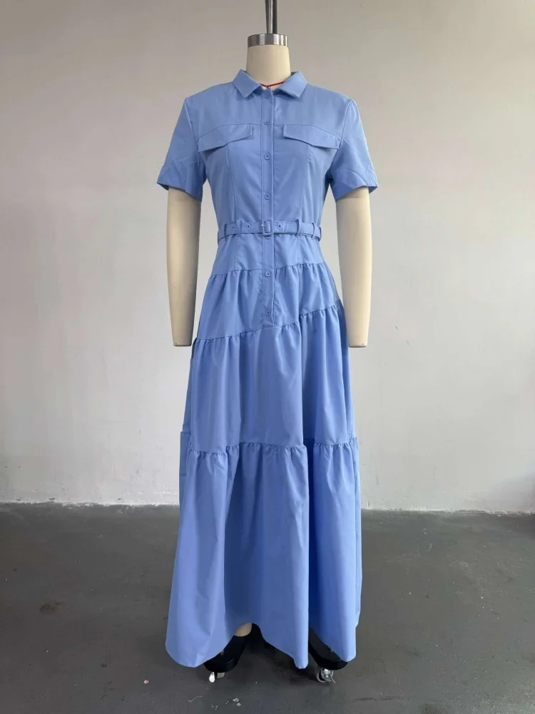 Wmstar Dress Women Wholesale Woman 2025 Summer New Fashion Lapel Short Sleeved Button Down Belt A Line Shirt Dresses One Pieces