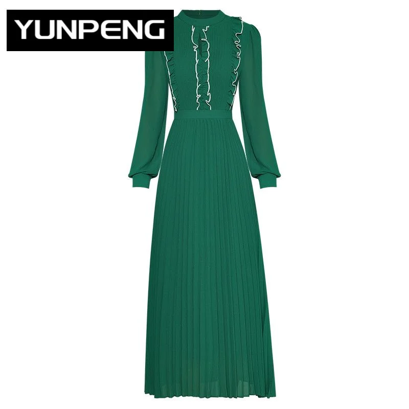 

Dresses For Women 2023 Elegant High Quality Luxury Designer Spring O-Collar Long sleeve High waist Casual Green Pleated Dress