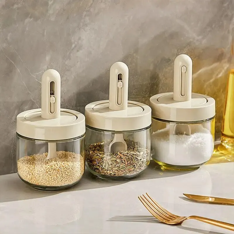 Seasoning Jar Glass With Telescopic Spoon Household Kitchen Salt Storage Leak Proof Moisture-proof