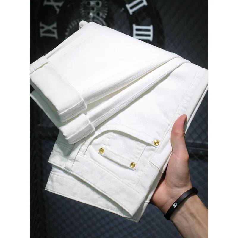 High-End Affordable Luxury Pure White Jeans Men's Slim-Fitting Fashion Brand All-Match Stretch Graffiti Printing Trousers