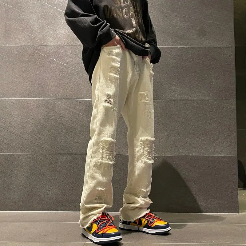 American Retro Denim Pants Men'S High Street Vibe Style Summer Thin Loose Straight Tube Punctured Rough Hem Pants