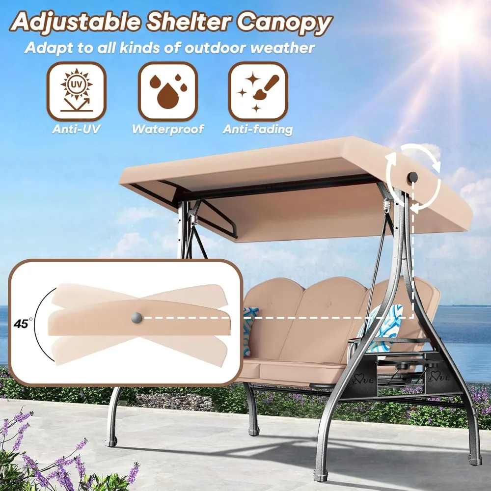 3 Seat Outdoor Porch Patio Swing 800lbs 2-in-1 Patio Swing Glider Chair with Adjustable Canopy & Removable Cushion Outdoor Adult 2