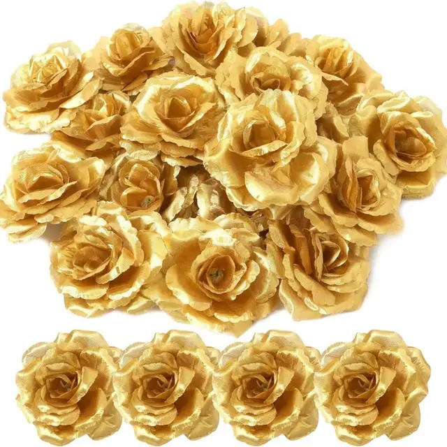 25Pcs Blossom Silk Rose Flower Heads Artificial Gold Roses Flowers Gold Faux Silk Rose Floral Heads for Valentine's Day Wedding 2