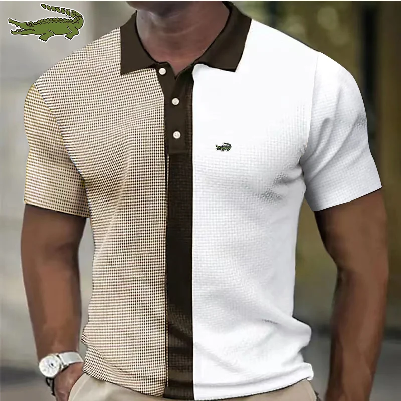 

T-shirt men's casual Spring and Autumn short sleeve embroidery men's POLO shirt new small plaid mixed cotton men's zipper lapel