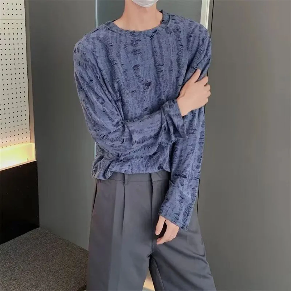 

Мужские рваные состаренные повседневные топы с длинным рукавом Осень-зима модные тренды Genderless корейские Ретро свободные топы с круглым вырезом унисекс