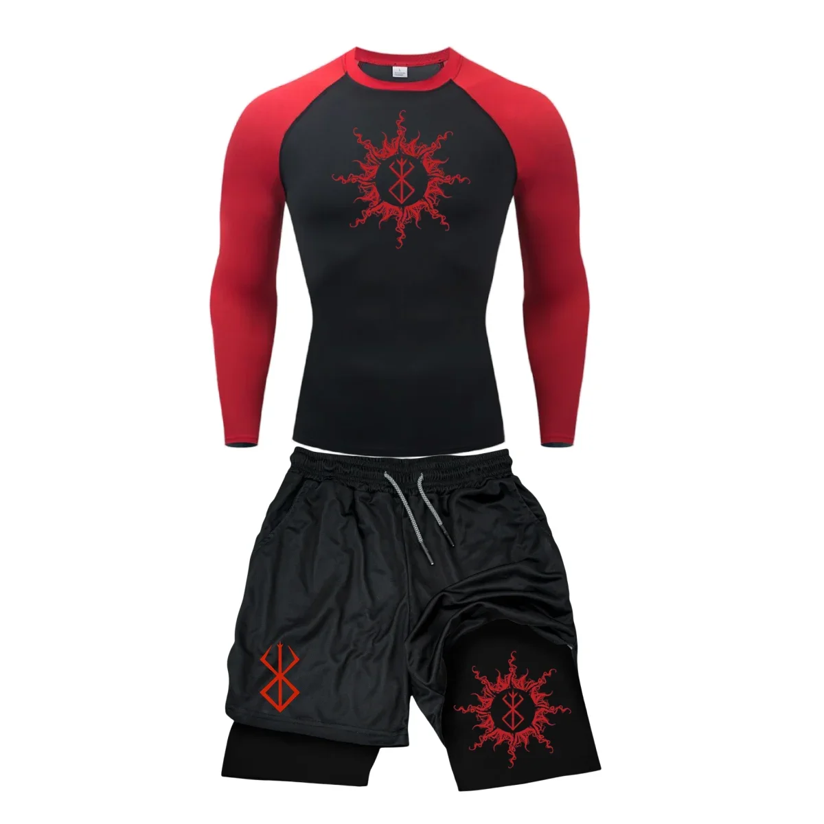 Compression Set Y2K Print Sportwear Men Quick Dry Gym Shorts + Shirt 2PCS Running Workout Summer Rashguard Sport Suit