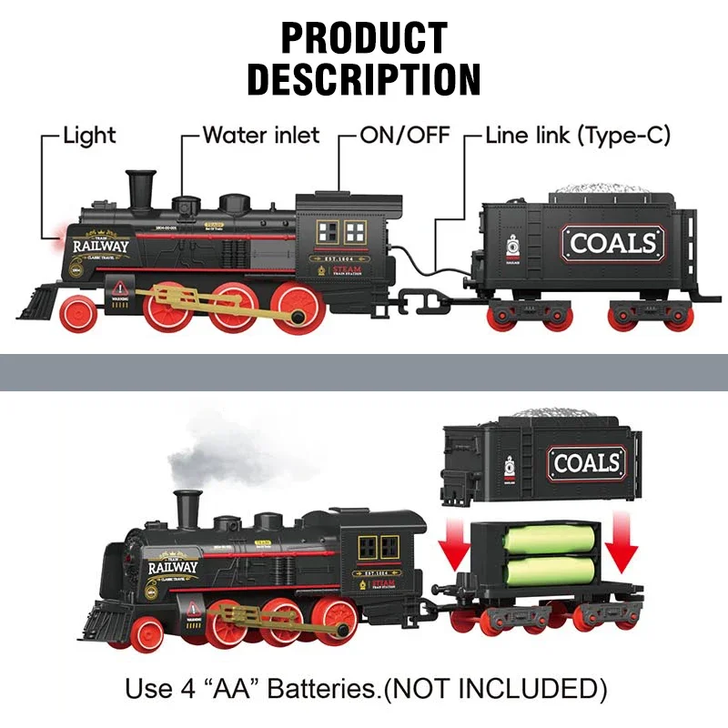 Vintage Steam Train Classical Battery Operate Electric Railway Train Locomotive Water Spray Train Toys with Light Sound