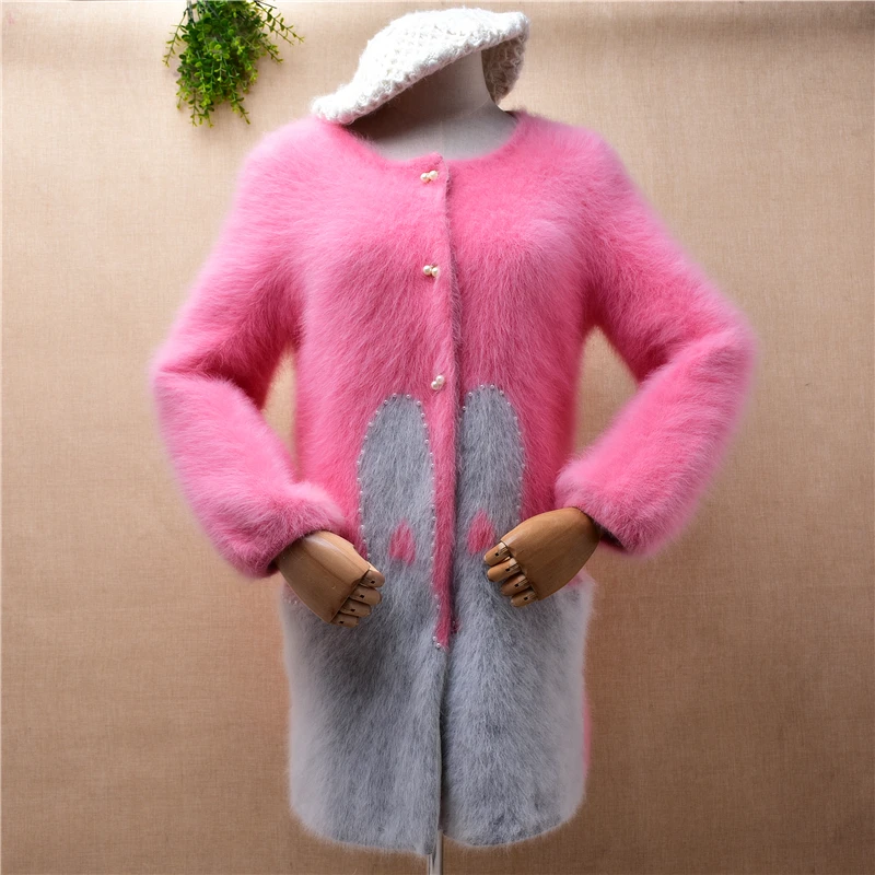 

Female Women Fall Winter Cute Pink Hairy Mink Cashmere Knitted Long Sleeves Slim Cardigan Angora Fur Jacket Coat Sweater Pull
