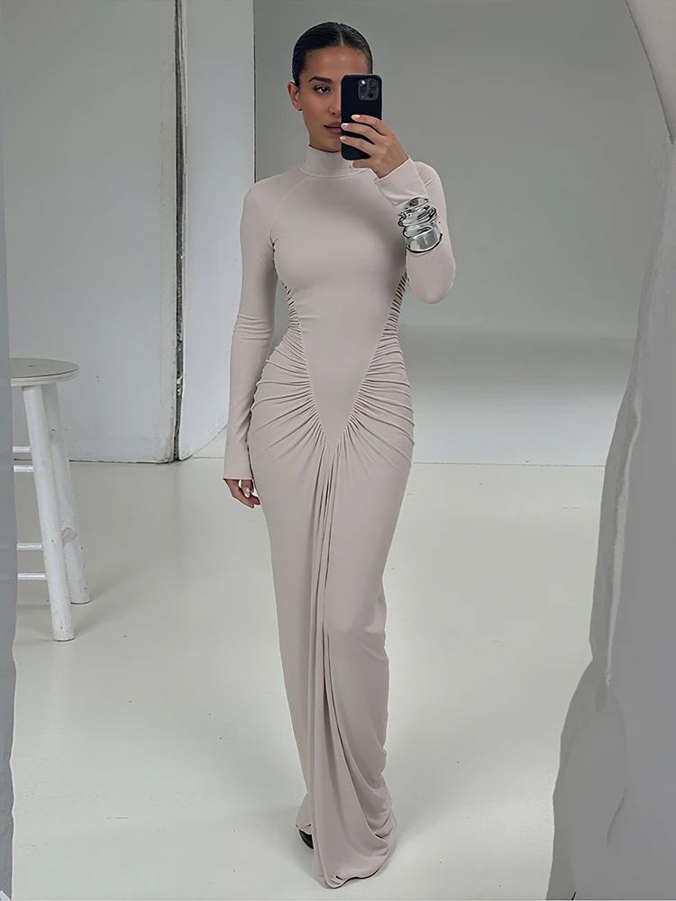 Nibber Turtleneck Maxi Dress Women Peach Butt Long Sleeve Folds Solid Skinny Elasticity Classic Basis Elegant Party Vestidos