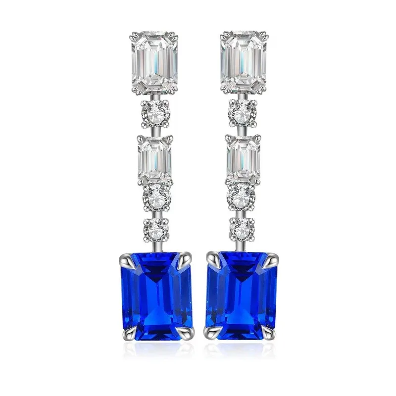 

Ruihe New S925 Silver Emerald Cut Lab Grown Cobalt Spinel Sapphire with Simulated Diamond Zirconia White Elegant Earrings Women