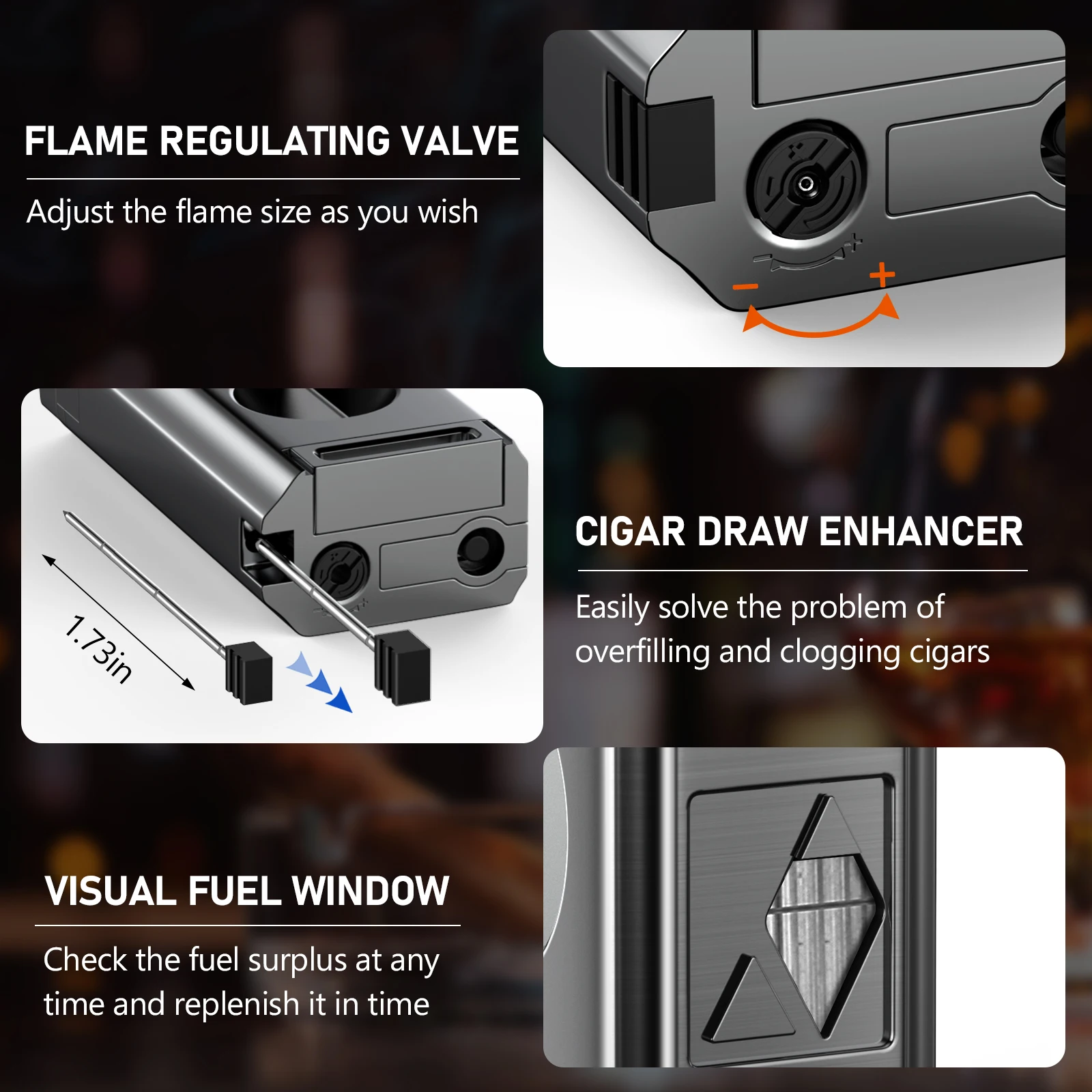 Cigar Lighter 4 Jet Flame Cigar Lighters with Cigar Cutter Cigar Accessories Cigar Draw Enhancer Windproof Refillable Butane 6