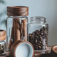 New Small Glass Storage Jars with Airtight Lids, coffee container with Wooden Lid, Glass Pantry Canister for Beans, Rice,Sugar 2