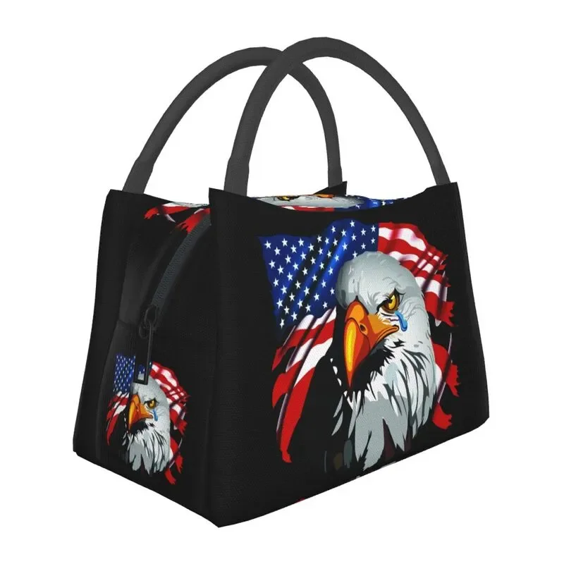 

Custom USA American Flag Bald Eagle Lunch Bag Men Women Thermal Cooler Insulated Lunch Boxes for Picnic Camping Work Travel
