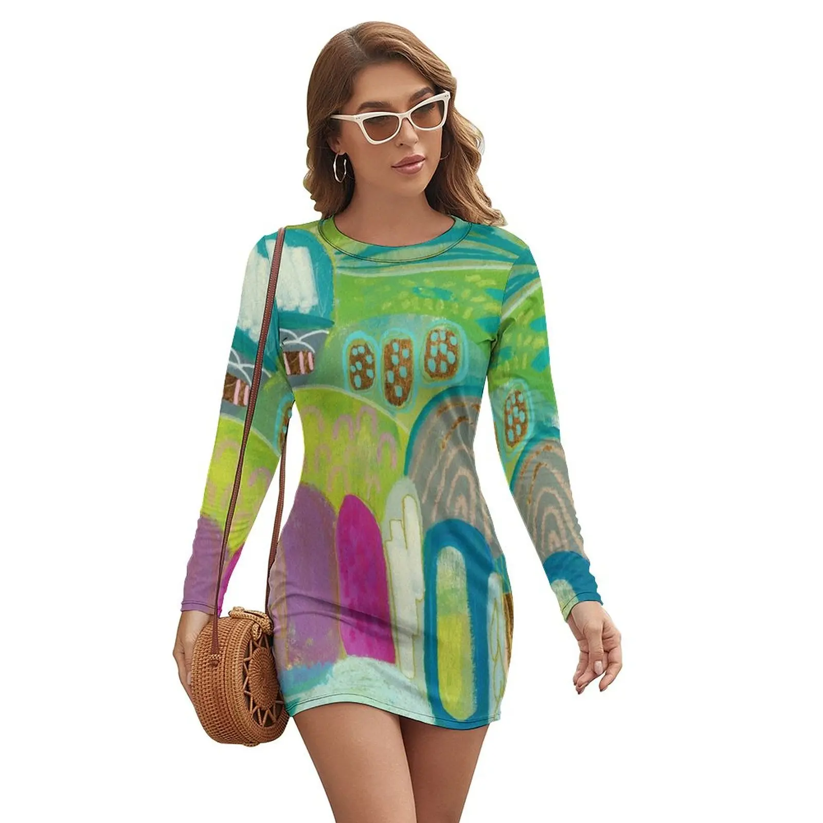 

Green Blue Abstract Village Long-sleeved Dress dresses for women 2024 luxury designer party Long veiled dresses
