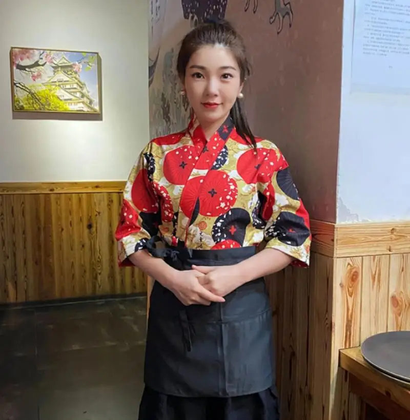 

Spring Summer Men Women Japanese Style Kimono Work Suit Top Apron Set Sushi Bar Restaurant Waiter Half Sleeve Uniform Set