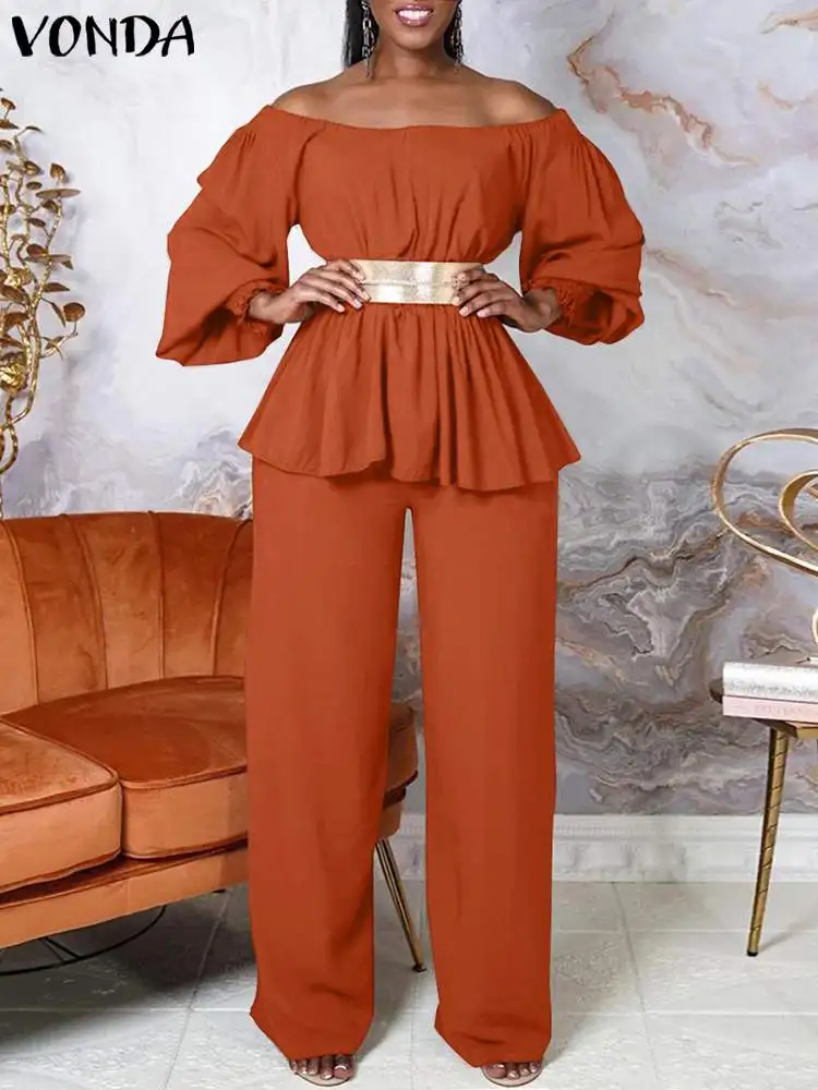 

VONDA Women Off Shoulder Pant Sets 2023 Elegant Autumn Suits Long Lantern Sleeve Tops and Wide Leg Pants Casual Suits 2pcs Sets