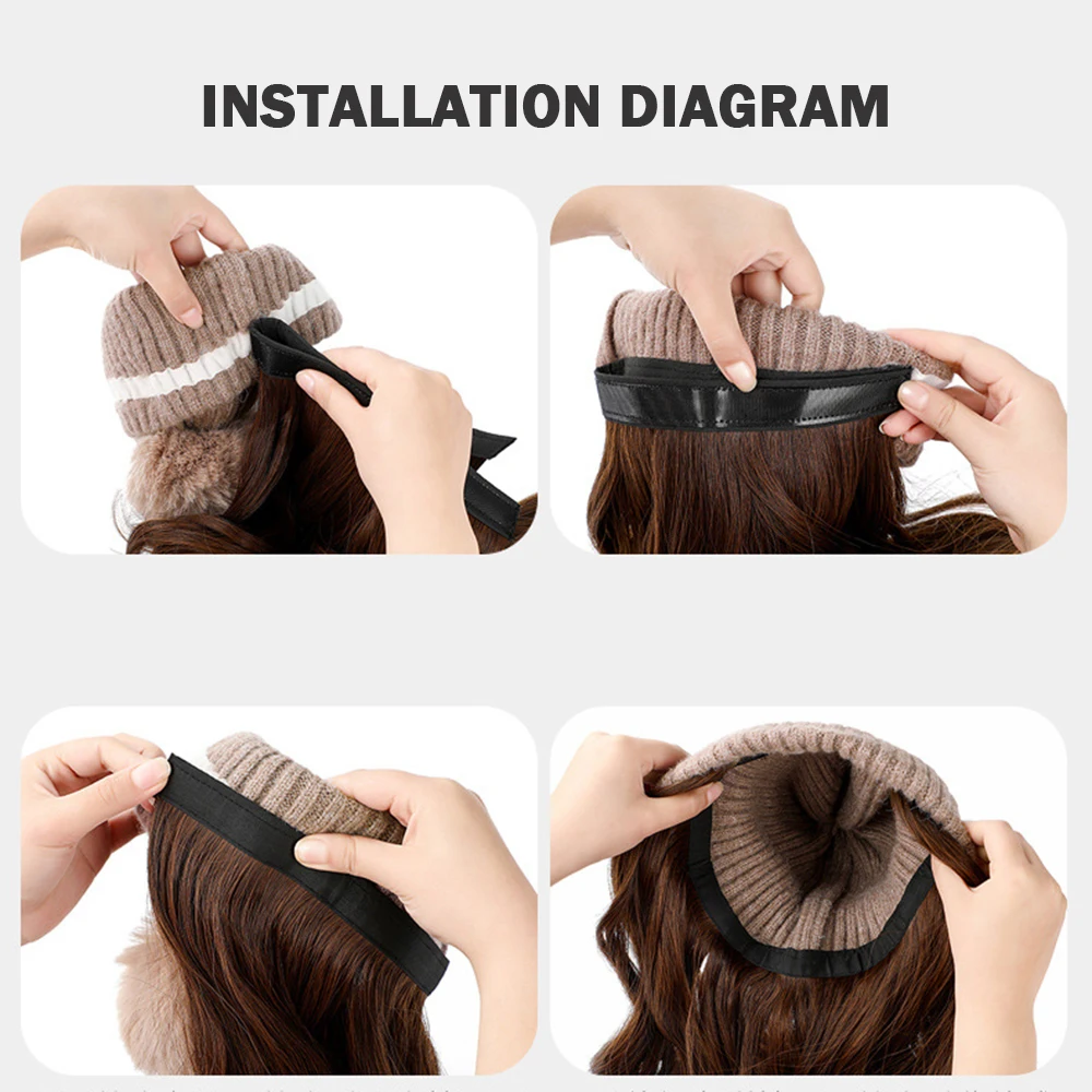 Winter Female Hat Wig With Curly Hair Extensions Synthetic Wave Wig Cap Dismountable Stylish Outdoors Beanie For Camping Hiking