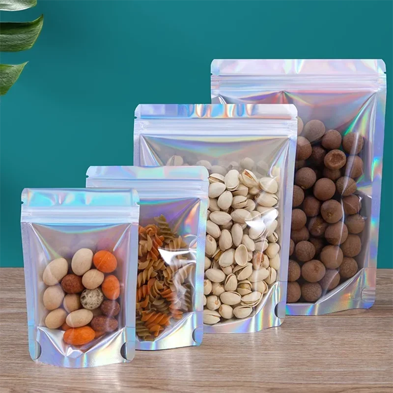 100pcs 실버 쿠키 스낵 식품 커피 말린 과일 파우더 캔디 홀로그램 ZipLock Mylar 쥬얼리 선물 포장 저장 가방