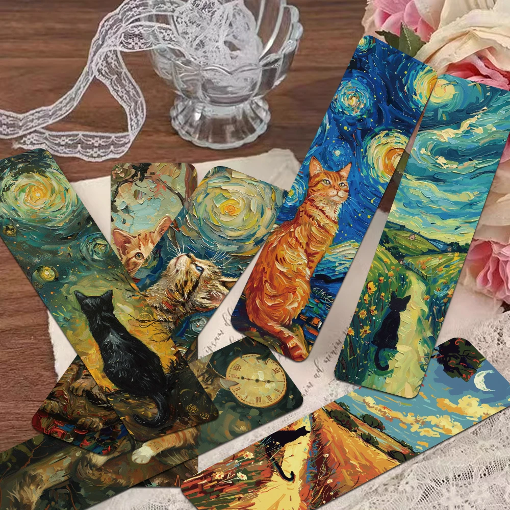 30pcs Oil Painting Cat Bookmarks Reading Pages Books Labeled School Stationary Supplies DIY Aesthetic Bookmark Decoration Cards