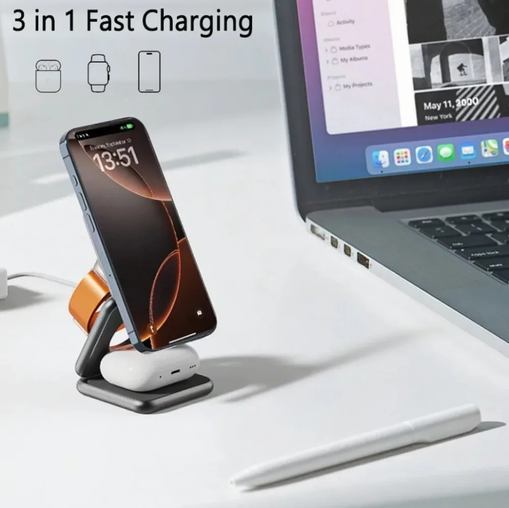 100W Foldable Magnetic Station 3 in 1 Fast Wireless Charger Stand For Magsafe iPhone 16 15 14 13 12 Pro Max iWatch 8 7 6 Airpods