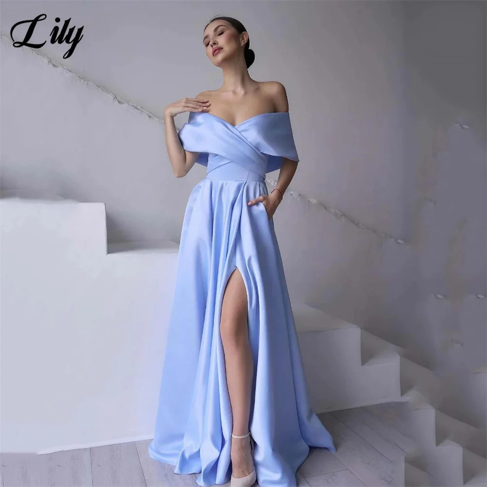 

Lily Blue Prom Dress Off The Shoulder Evening Dress Satin Bridesmaid Dresse Corset Party Dress Side High Slit Robe De Soirée