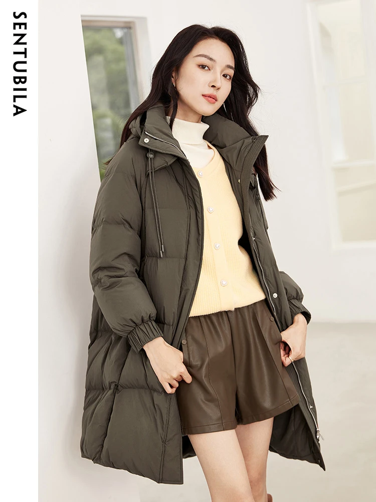 SENTUBILA Women's Hooded White Duck Down Jacket Winter 2023 Fashion Mid Length Down Coat Loose Windproof Warm Outwears W34Y49747