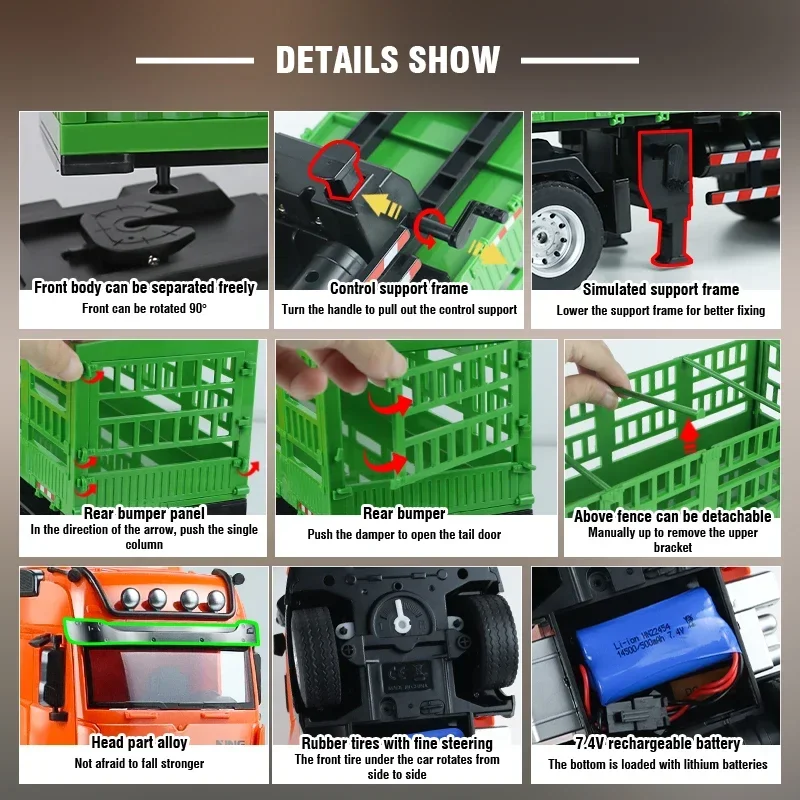HUINA 1/18 RC Truck Container 9CH Alloy Remote Control High Hurdle Car Light Sound Body Can Be Separated Wood Transporter Gifts 4