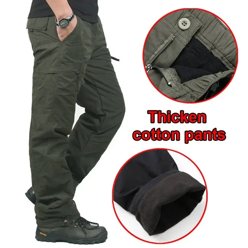 Winter Thick Fleece Casual Pants Men Cotton Hunting Tactical Baggy Cargo Pants Double Layer Plus Velvet Warm Thermal Trousers